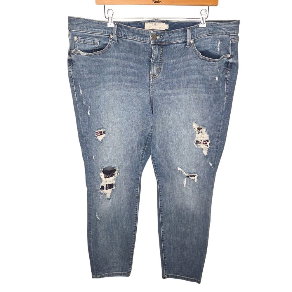 Torrid Distressed Boyfriend Ripped Denim Skinny Jeans with Plaid Inserts 22R